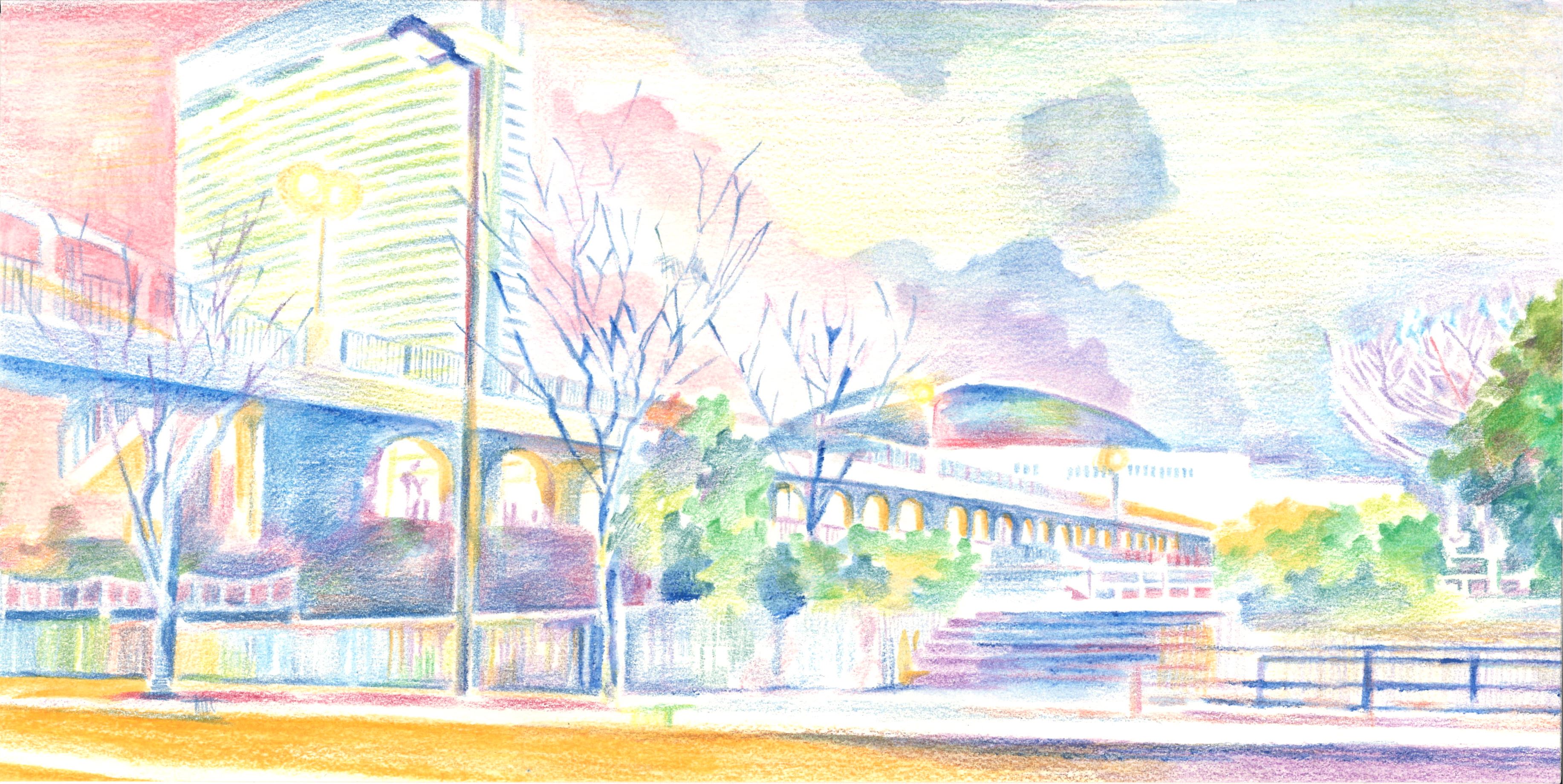 福岡市早良区 ペイペイドームの傍　樋井川にかかる「ふれあい橋」の風景